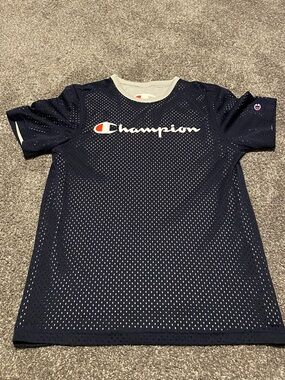 Champion Navy Mesh Logo Tee with White Script